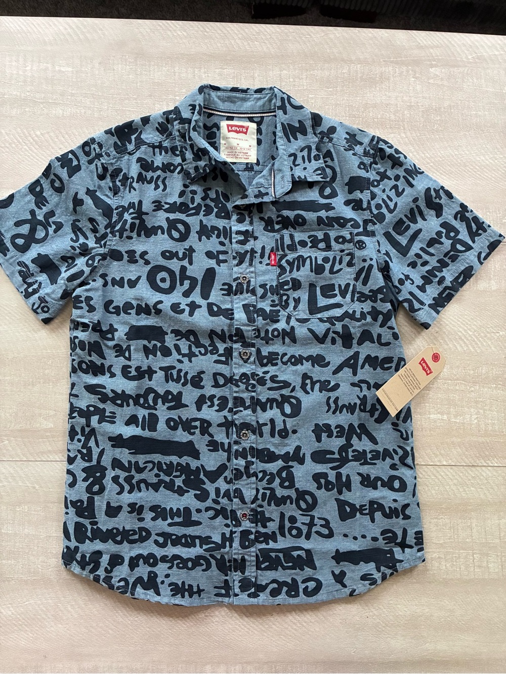 Levi's Blue Short-Sleeve Button-Down Shirt with Black Graffiti Print